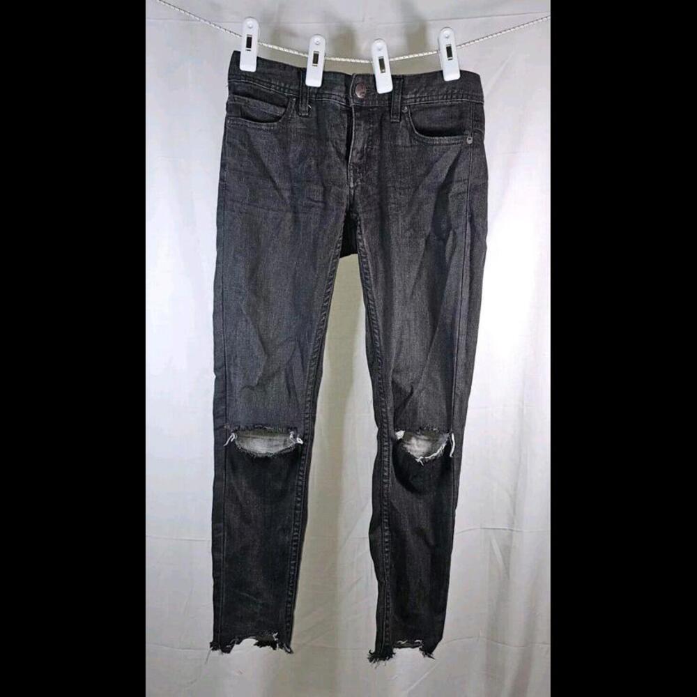 Free People Jeans Womens 25 Black Fade Stretch Midrise Skinny Distressed Raw Hem